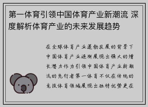 第一体育引领中国体育产业新潮流 深度解析体育产业的未来发展趋势
