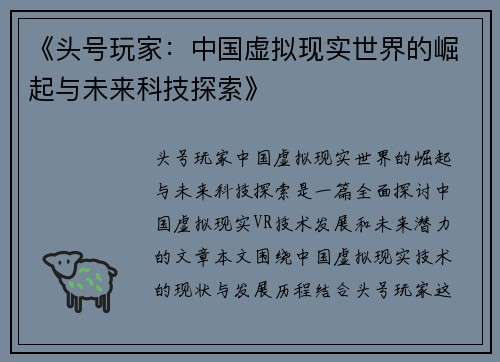 《头号玩家：中国虚拟现实世界的崛起与未来科技探索》