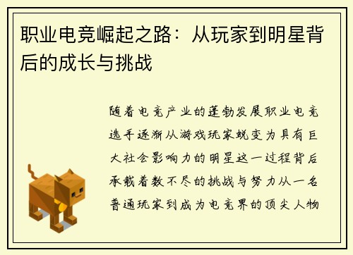 职业电竞崛起之路:从玩家到明星背后的成长与挑战 职业电竞崛起之路:从玩家到明星背后的成长与挑战