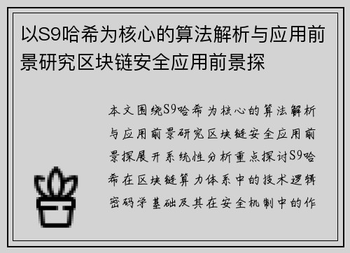 以S9哈希为核心的算法解析与应用前景研究区块链安全应用前景探